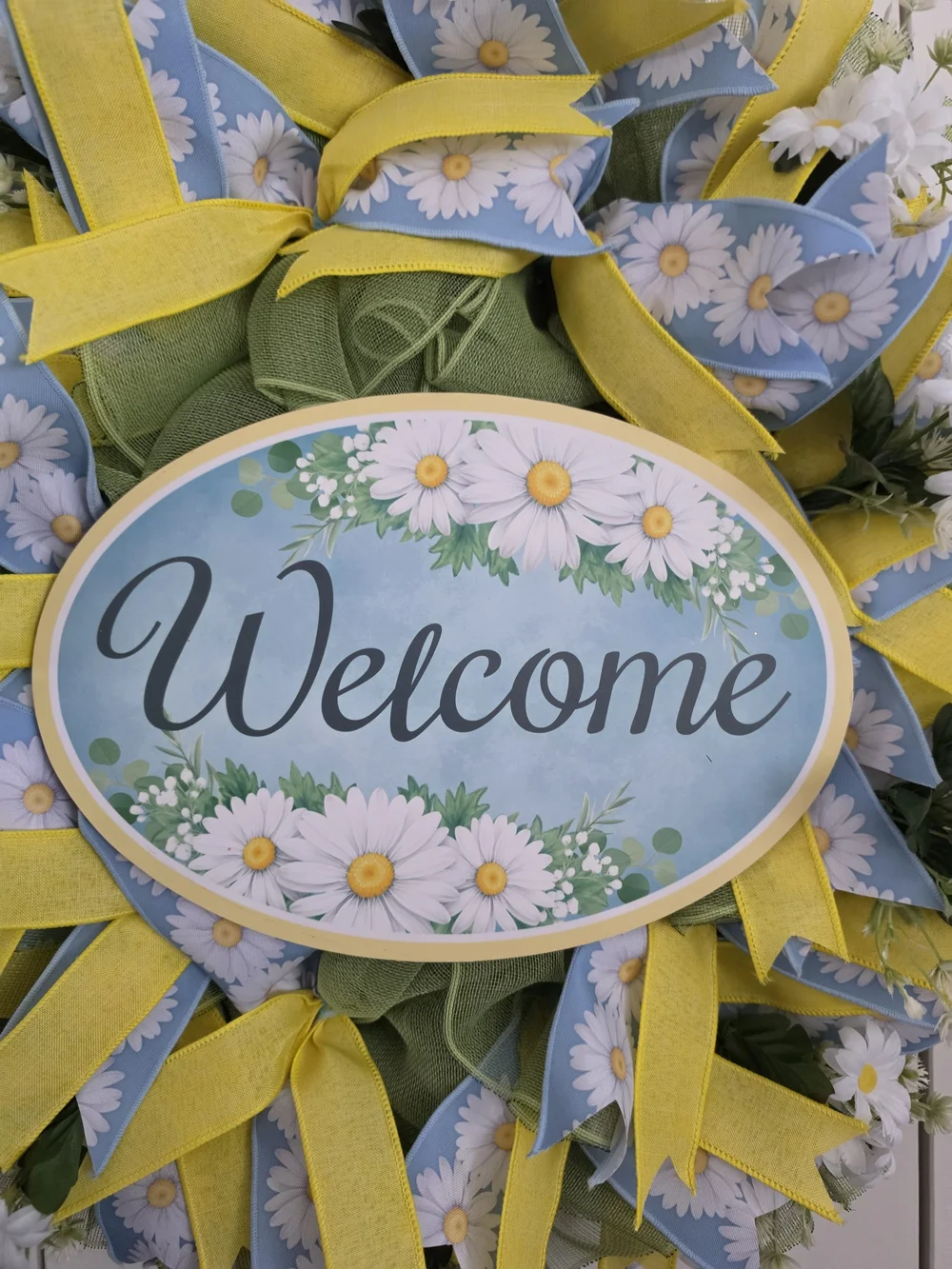 Welcome Daisy Spring Wreath in Blue, Yellow & White